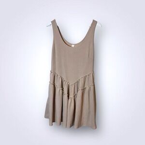 B Womens Taupe Crinkle Tiered Mini Dress Sleeveless Scoop Neck Ruffle Trim Small